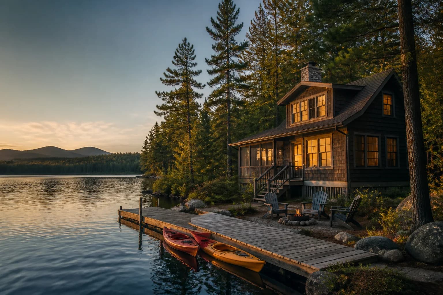 A welcoming Maine lake house beside the water at golden hour